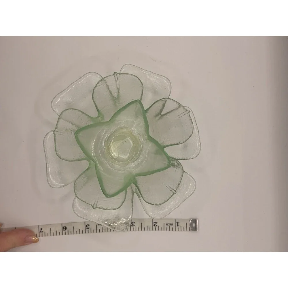 Vintage Green Glass Flower Lotus Votive Teal Light Candle Holder Dish 7”